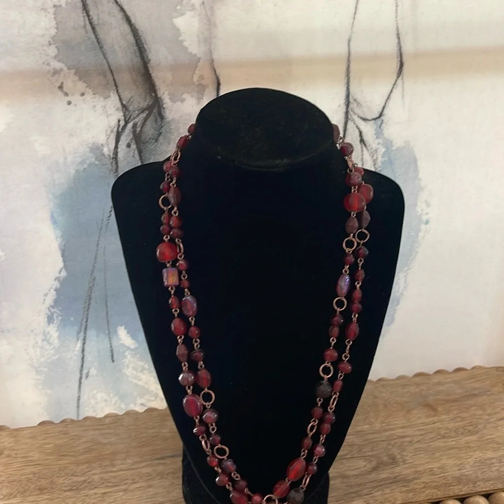 Beaded long necklace glass red boho casual - Picture 3 of 10